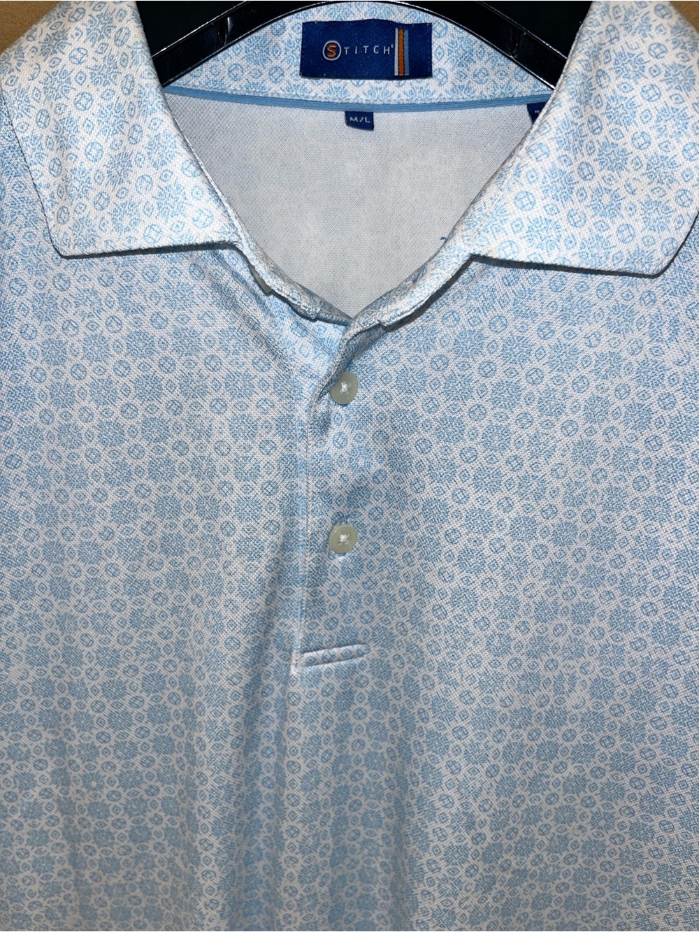 Stitch Golf Polo Shirt M/L Blue Design Performance Short Sleeve Mens Mint